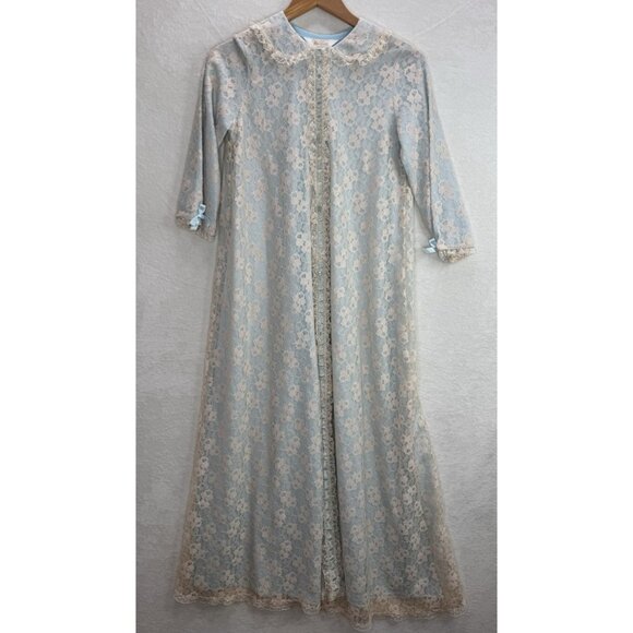 Vintage 1950's-60s Miss Elaine Women's Dressing Gown Blue with Cream Lace - Picture 10 of 12